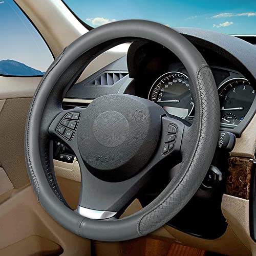 Microfiber Leather Steering Wheel Cover, Classic Embossing, Anti-Slip, Breathable, 15 Inch, Gray - color: Gray
