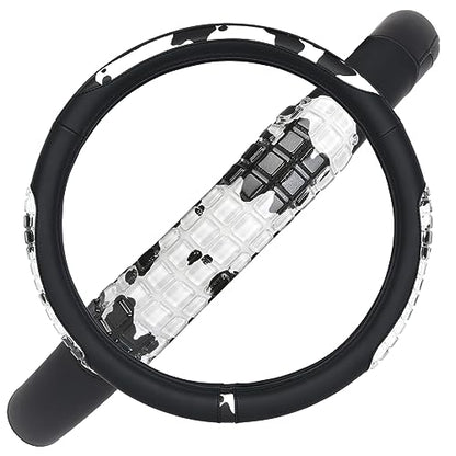 Flying Banner car Steering Wheel Cover Gel Massage Velvet Cool Warm Universal Size 15 inches SUV Truck Anti Slip Odorless Summer Winter (Black Cow Print, Gel Massage) - color: Black Cow Print
