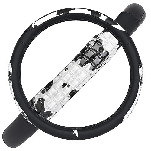 Flying Banner car Steering Wheel Cover Gel Massage Velvet Cool Warm Universal Size 15 inches SUV Truck Anti Slip Odorless Summer Winter (Black Cow Print, Gel Massage) - color: Black Cow Print