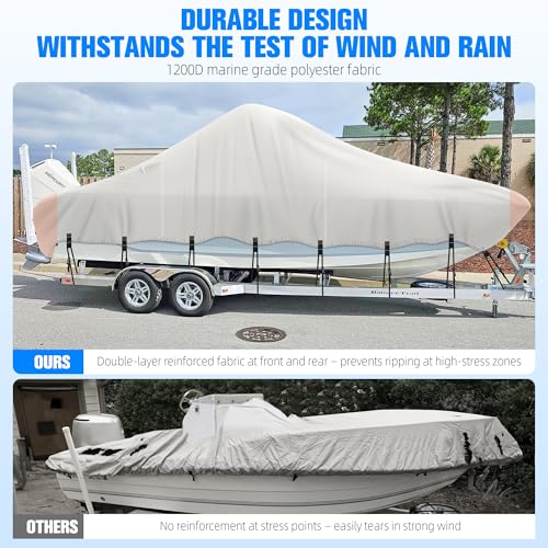 Center Console Boat Cover 20-22ft, 1200D Waterproof Boat Cover with Motor Cover, Trailerable Boat Cover for Center Console Boat, Heavy Duty Marine Grade UV Resistant Polyester Fabric, Gray