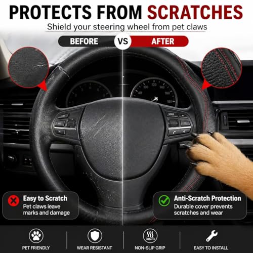 Premium Genuine Leather Steering Wheel Cover 15.5–16 Inch – Non-Slip Silicone Lining, Ergonomic Grip – Fits Ford F-150, RAM 1500, Silverado, Jeep & Trucks/SUVs - color: black, size: 15.5-16 inches