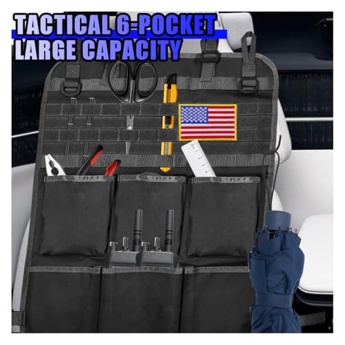 Tactical Molle Panel Car Seat Back Organizer, Waterproof Car Front Seat Protector with Multiple Pockets, Universal Kick Mat for Kids/Pets, Vehicle Backseat Storage Bag for Most Cars (Black)