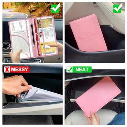 PLOJOP Car Registration and Insurance Card Holder, Leather License Document Pink Glove Box Compartment Organizer, Car Wallet Case for Essential Info, License Cards, ID Card - color: Pink
