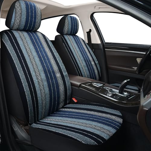 Baja Saddle Blanket Car Seat Covers, Boho Striped Woven Front Seat Protectors, Washable & Breathable Interior Covers, Universal Fit for Most Cars SUVs Trucks, Airbag Compatible, Blue, 2 pcs. - color: BLUE-0