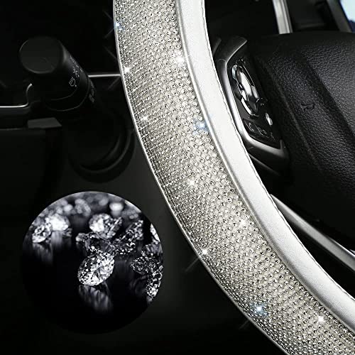 Bling Diamond Steering Wheel Cover, Leather Steering Wheel Covers for Women Girls with Crystal Rhinestones, Breathable, Anti-Slip Universal Fit 14.5-15 Inch Bling Car Accessories(Silver) - color: silver