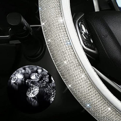 Bling Diamond Steering Wheel Cover, Leather Steering Wheel Covers for Women Girls with Crystal Rhinestones, Breathable, Anti-Slip Universal Fit 14.5-15 Inch Bling Car Accessories(Silver) - color: silver