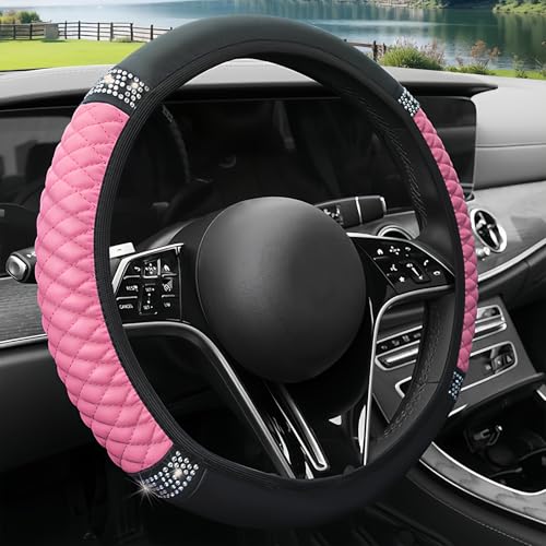 Bling Steering Wheel Cover for Women, Leather Sparkly Rhinestone Bedazzled Steering Wheel Cover, 15 Inch Car Interior Accessories for Most Vehicles (Pink) - color: Pink