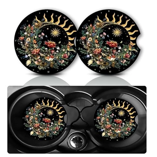 2Pack Floral Sun and Moon Car Cup Holder Coasters,Cars Coasters for Cup Holders,2.75" Universal Anti Slip Rubber Mat with Finger Slot,Floral Sun Car Accessories Interior Decor,Gifts for Women,Men - color: Floral Sun and Moon