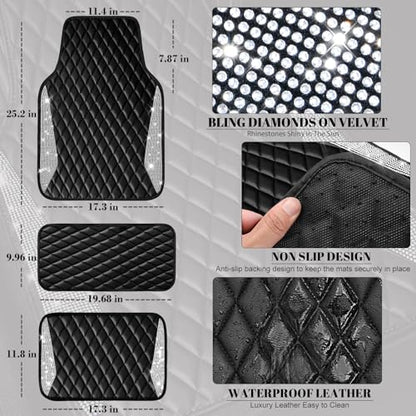 CAR PASS Bling Leather Car Mats Shining Diamond Floor Mats Crystal Rhinestone Sparkly Glitter Carpet Anti-Slip Waterproof Pad Universal Fit Automotive SUV, Sedan, Van, 5pcs Girl Women, Black Silver - color: Black Leather White Diamond