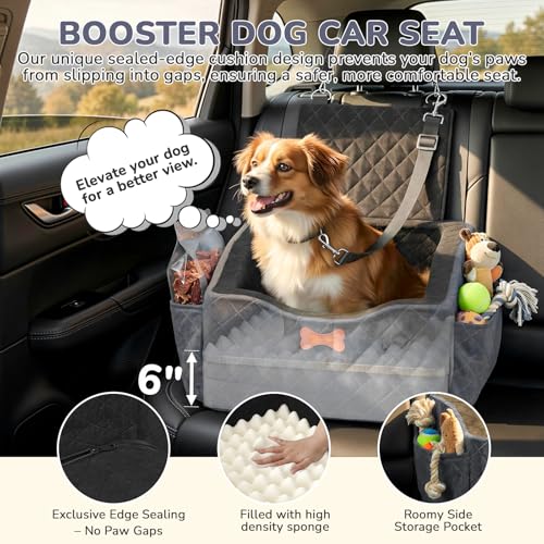 Dog Car Seat for Small Medium Dogs, 6" Elevated Booster Seat with ISOFIX Safety Fixation, Washable Cover & High Density Memory Foam, Portable for Car Front/Rear/Trunk Home Outdoor Use (Charcoal Gray) - color: Charcoal Gray, size: Small