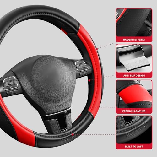 Rubbermaid Steering Wheel Cover – Universal Fit 14.5"–15" Steering Wheel Cover, Anti-Slip Grip, Breathable Leather, All-Season Protection, Interior Upgrade for Cars, Trucks, SUVs - Red - color: Red