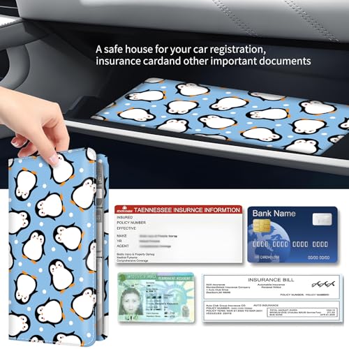 Premium Car Registration and Insurance Card Holder, Cute PU Leather Car Document Holder, Vehicle Glove Box Car Organizer with Magnetic Closure for Driver License, Cards Blue Penguin - color: Blue Penguin