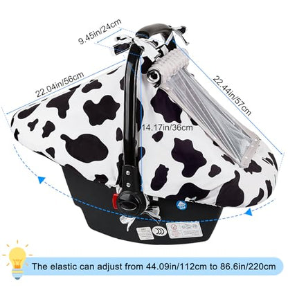 FIOBEE Baby Car Seat Cover, Car Seat Covers for Babies Infant Car Seat Canopy with Breathable Mesh Window Waterproof Carseat Cover for Babies Boy Girl 4 Seasons, White/Cow