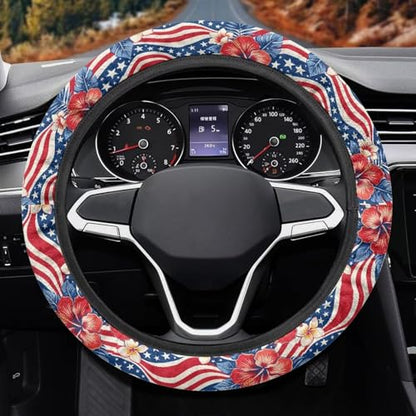 AFPANQZ American Flag Tropical Flowers Print Steering Wheel Cover for Women, Sweat Absorbing Non-Slip Steering Wheel Protection Case Elastic Flexible Universal 14 to 15 inch - color: American Flag Tropical Flowers Print