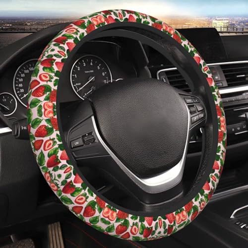Cute Strawberry Print Neoprene Steering Wheel Cover Pink Steering Wheel Protector Universal Fit 14-15.5 inches Car Accessories Anti Slip and Washable - color: Cute Strawberry