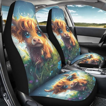 INSTANTARTS Cute Highland Cow Car Seat Covers Full Set of 2 Vehicle Protector Front Seats Covers Stretchy Washable Car Accessories Bucket Seat Cover - color: Cute Highland Cow