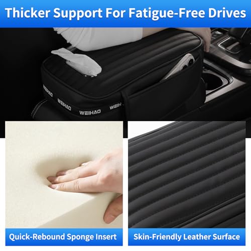 WEIHAO Car Armrest Cushion- Thick Padding 13x7.5x3.15 inch, Car Center Console Cover with Storage Pockets & Tissues Packs Slot, Leather Arm Rest Cover Pad for Cars, SUVs, Most Vehicles (Black-1PC)
