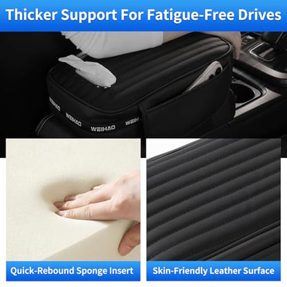 WEIHAO Car Armrest Cushion- Thick Padding 13x7.5x3.15 inch, Car Center Console Cover with Storage Pockets & Tissues Packs Slot, Leather Arm Rest Cover Pad for Cars, SUVs, Most Vehicles (Black-1PC)