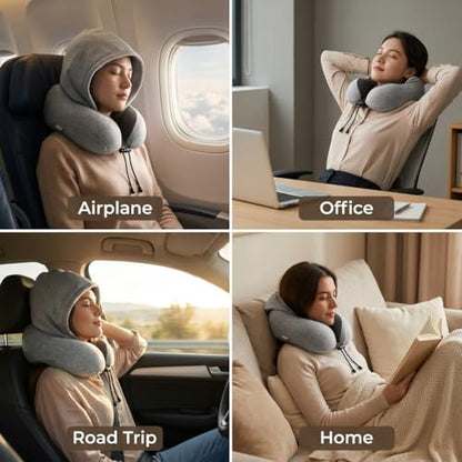 Portable Travel Neck Pillow with Hood and Storage Case, Memory Foam Airplane Pillow for Long Flights, Adjustable Chin Support & Removable Washable Cover for Car, Office, Train, Gift for Men and Women