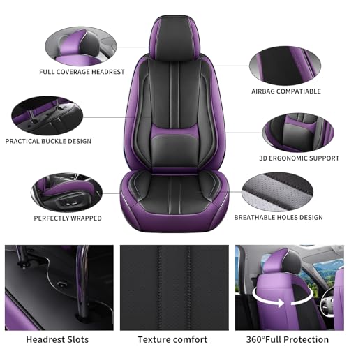 Car Seat Covers Full Set Fit for KIA Seltos 2021-2026, Automotive Luxury Faux Leather Seat Covers 5 Seats, Breathable Anti-Slip Seat Protectors (Black&Purple,Full Set)