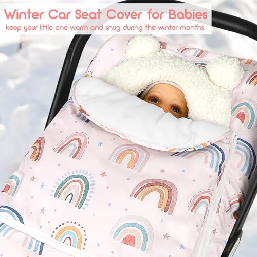 Winter Car Seat Cover Baby Girl Boy, Warm & Windproof Infant Carseat Cover Canopy Protect Baby from Cold Weather, Plush Fleece, Pink Rainbow - color: Pink Rainbow