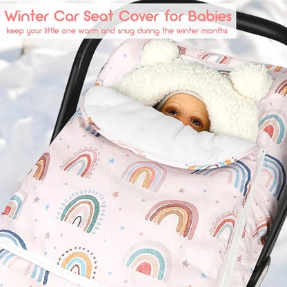 Winter Car Seat Cover Baby Girl Boy, Warm & Windproof Infant Carseat Cover Canopy Protect Baby from Cold Weather, Plush Fleece, Pink Rainbow - color: Pink Rainbow