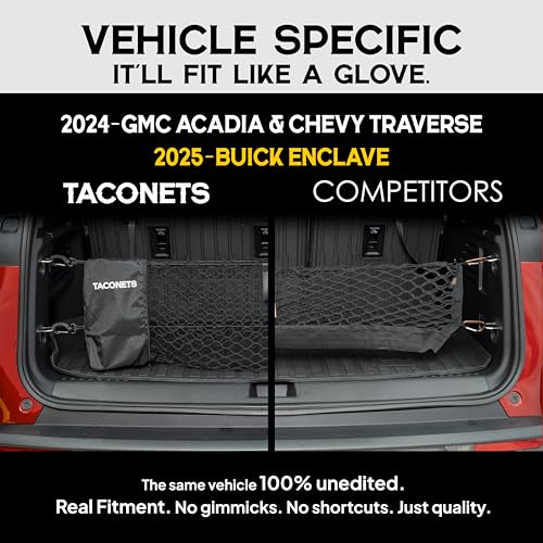 TacoNets Envelope Cargo Net for Acadia/Traverse/Enclave - Fits 2024-Current - Upgraded 5mm Bungee - Integrated Storage Bag - Heavy Duty Hooks - Designed in USA - style: Chevy Traverse / GMC Acadia / Buick Enclave 2024+