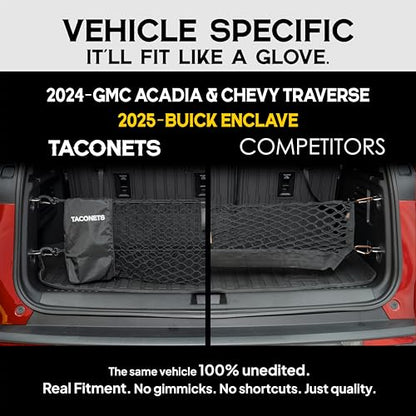 TacoNets Envelope Cargo Net for Acadia/Traverse/Enclave - Fits 2024-Current - Upgraded 5mm Bungee - Integrated Storage Bag - Heavy Duty Hooks - Designed in USA - style: Chevy Traverse / GMC Acadia / Buick Enclave 2024+