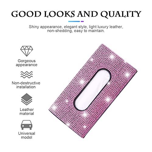 Bling Car Sun Visor Tissue Box Holder, Rhinestone PU Leather Crystal Sparkling Napkin Holder, Backseat Paper Towel Cover Case Car Accessories for Women (Pink)
