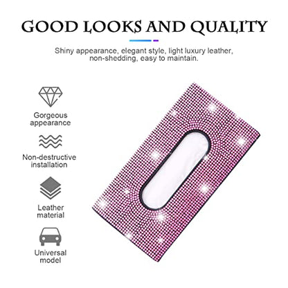 Bling Car Sun Visor Tissue Box Holder, Rhinestone PU Leather Crystal Sparkling Napkin Holder, Backseat Paper Towel Cover Case Car Accessories for Women (Pink)