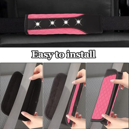 Hovom 2PCS Bling Car Seat Belt Cover Pad, Leather Seatbelt Covers for Cars, Soft Safety Seatbelt Shoulder Strap Covers, Rhinestone Auto Seat Belt Protector Cushion for Women Girls (Pink) - color: Pink