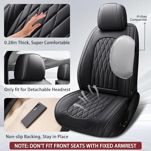 WELLDO Nappa Faux Leather Car Seat Covers Full Set, Waterproof Non-Slip Seat Protector, 0.28in Thickened Cushion, Airbag Compatible Universal Seat Covers for Cars SUV Truck Pickup, Black