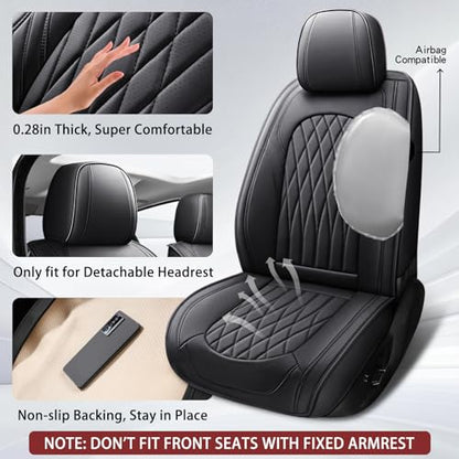 WELLDO Nappa Faux Leather Car Seat Covers Full Set, Waterproof Non-Slip Seat Protector, 0.28in Thickened Cushion, Airbag Compatible Universal Seat Covers for Cars SUV Truck Pickup, Black