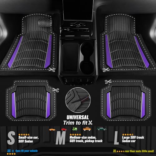 CAR PASS Heavy Rubber Car Floor Mats, Deep Waterproof Car Floor Mats All Weather, Aluminum Film Universal Trim to Fit for Cars SUV Trucks Sedans, Anti-Slip, Black Purple Metallic - color: Black Purple