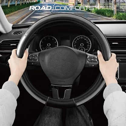 Road Comforts Leather Steering Wheel Cover – Black & Gray, Universal Fit 14.5-15 Inch, Microfiber Leather, Anti-Slip & Breathable Design for Men and Women - color: Gray