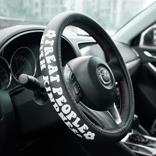 Treat People with Kindness Car Leather Steering Wheel Cover - 15-inch Universal Microfiber- Soft & Breathable & Silicone Anti Slip Auto Steering Wheel Wrap for Women - color: Treat People with kindness