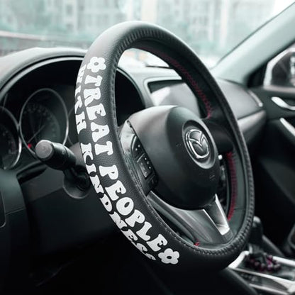 Treat People with Kindness Car Leather Steering Wheel Cover - 15-inch Universal Microfiber- Soft & Breathable & Silicone Anti Slip Auto Steering Wheel Wrap for Women - color: Treat People with kindness