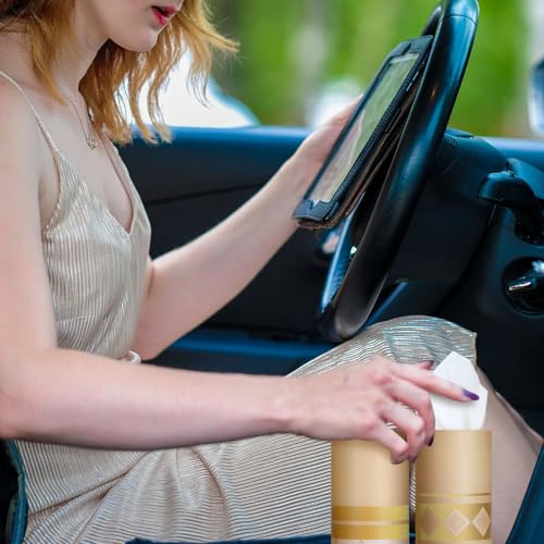 12 Pack Car Tissue Cylinder Holder Bulk with 3 Ply Facial Tissues, Round Napkin Holders for Car Cup Holder Cylinder Travel Paper Tubes Bulk Round Napkin Boxes Packs(Modern Gold Line) - style: Modern Gold Line