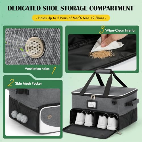 RAINSMORE Golf Trunk Organizer Golf Bag Organizers Golf Shoe Bag with Separate Ventilated Compartment for 2 Pair Shoes Golf Accessories for Balls, Gloves, Clothes - color: Grey