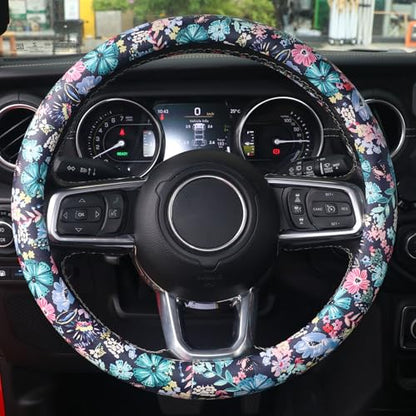 Leather Steering Wheel Cover Cute, 14.5-15inch, Auto Floral Steering Wheel Protector, Anti-Slip, Breathable, Absorbing Sweat, Car Accessories for Women, Dark Blue
