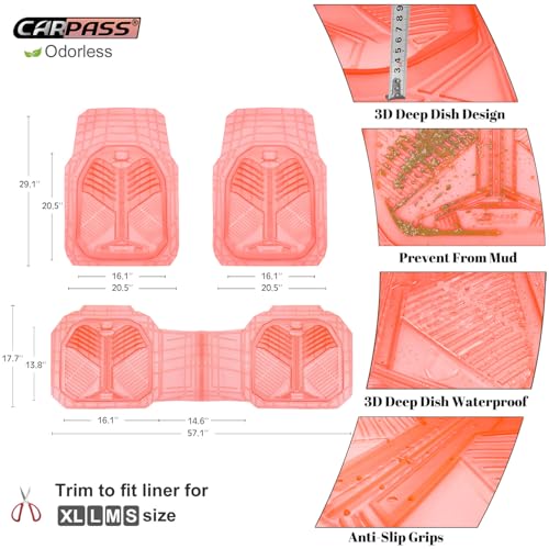 CAR PASS Heavy Duty Rubber Car Mats, Deep-Dish All Weather Car Floor Mats Girly for Women, Universal Trim-to-Fit for SUVs Trucks Sedans, Waterproof Anti-Slip, 3 Pieces Transparent Pink - color: Pink