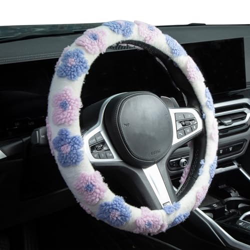 Plush Flowers Steering Wheel Cover Auto Plush Steering Wheel Protector, Anti-Slip, Breathable, Absorbing Sweat, Universal Car Accessories 14.5–15 inch,Fit for Most Car, Trucks, SUV - style: Plush Flowers