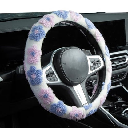 Plush Flowers Steering Wheel Cover Auto Plush Steering Wheel Protector, Anti-Slip, Breathable, Absorbing Sweat, Universal Car Accessories 14.5–15 inch,Fit for Most Car, Trucks, SUV - style: Plush Flowers
