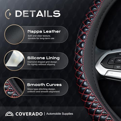 Coverado Car Steering Wheel Cover, Nappa Leather Black & Redline Steering Wheel Covers, Universal 14-15 inch, Anti-Slip, Breathable Steering Wheel Protector for Women Men - color: C-Red