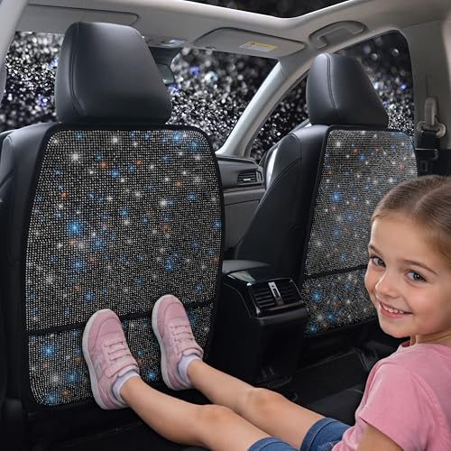 Diamond Bling Car Seat Kick Mats with Storage – Back Seat Protectors with Sparkly Rhinestones for Girls & Women, Crystal Kick Covers for Automotive Interior Accessories Black 2pcs - color: Black 2Pcs