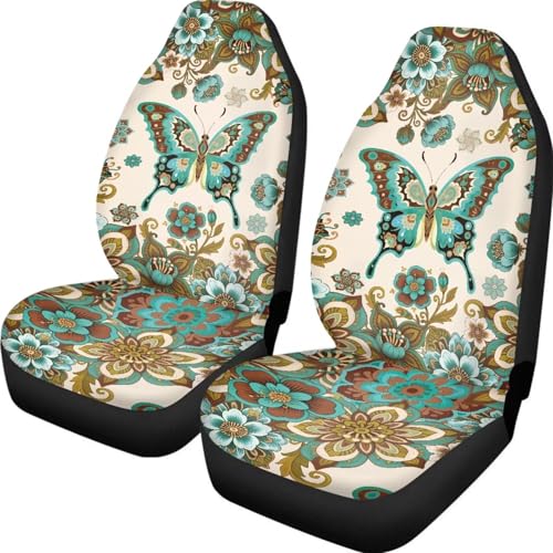 Butterfly Front Car Seat Cover Elastic Polyester Boho Flower Washable Car Seat Cover Easy Installation 2 Pack Auto Interior Covers Cars Accessories for Cars Sedans and SUVs - color: Butterfly Boho Flower
