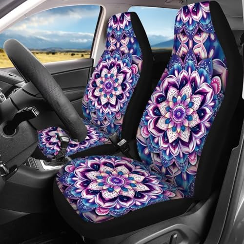 Mandala Car Seat Covers Full Set of 4 Pcs,Hippie Lotus Car Accessories Set Boho Hippie Floral Print Vehicle Bucket Sea Pad Breathable Split Bench Seat Pads for Women Girly - color: Mandala