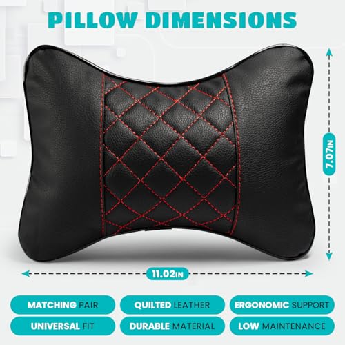 Set of 2 Quilted Faux Leather Car Headrest Pillow, Black Case/Black Threading, Ergonomic Neck Support for Comfortable Driving