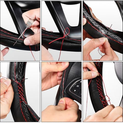 SEG Direct Genuine Leather Steering Wheel Cover, Stitch On Wrap, 15 Inch Steering Wheel Wrap for Car Truck SUV Pickup Boat, DIY Sewing with Needle Thread, Black with Red Thread - color: Black with Red Thread