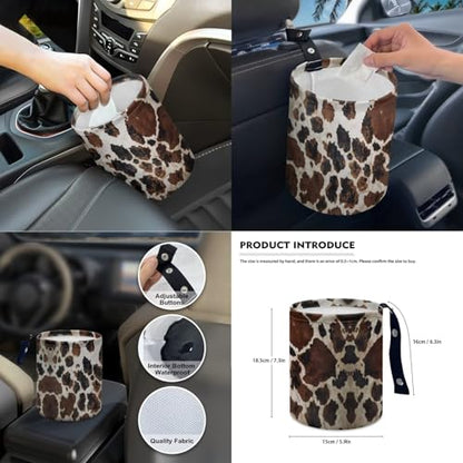 Wanyint Brown Black Cow Print 14 Pack Car Accessories Set, Universal Auto Seat & Steering Wheel Cover, Seatbelt Pad, Trash Can, Armrest & Cup Holders Rearview Mirror & Handbrake Cover Set - color: Brown Black Cow Print